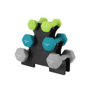 Håndvægte, sæt med stativ - 2 x 1 kg, 2 x 2 kg, 2 x 3 kg, neoprenmat finish, farver: lime, teal og lys grå, robust støbejern med blødt greb