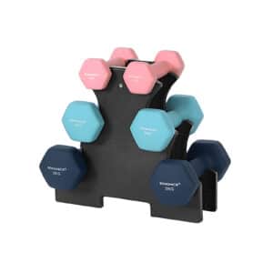 SONGMICS Sekskanthåndvægtesæt med stativ - 2 x 1 kg, 2 x 2 kg, 2 x 3 kg, Neopren Matfinish, Håndvægte til hjemmetræning, Pink, Aqua og Blå SYL612MK