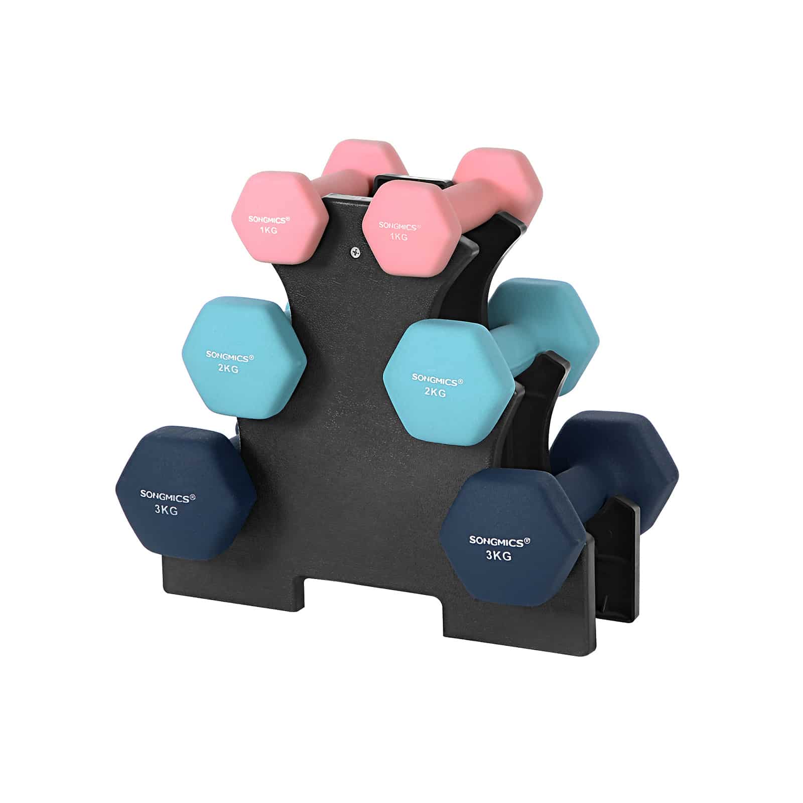 SONGMICS Sekskanthåndvægtesæt med stativ - 2 x 1 kg, 2 x 2 kg, 2 x 3 kg, Neopren Matfinish, Håndvægte til hjemmetræning, Pink, Aqua og Blå SYL612MK