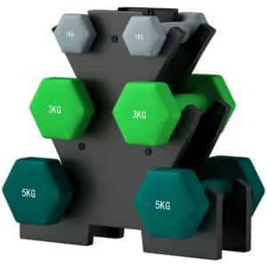 Håndvægtsæt med opbevaringsstativ, sæt med 6 håndvægte til fitnesstræning, 2 x 1 kg, 2 x 3 kg, 2 x 5 kg